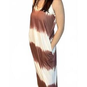 NEW PRETTY BASH stripe tie dye maxi dress in beige/brown